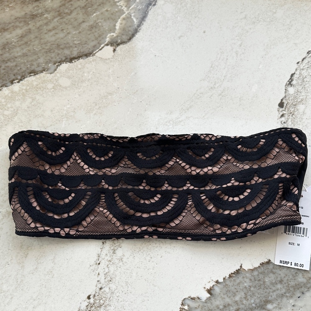 Pilyq Black fanned Lace Bandeau with Nude Underlay- NWT